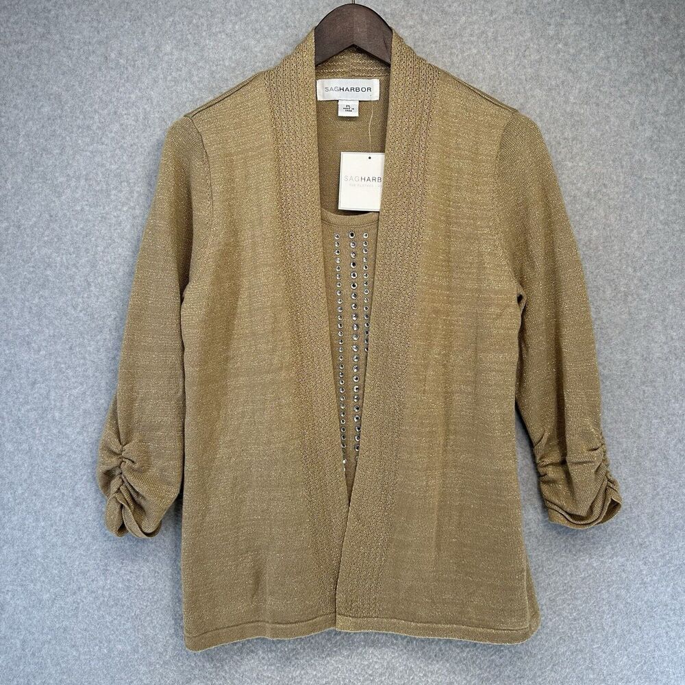 Sag Harbor Petite Womens Knit Faux Layered Sweater Size PL Gold Ruched Sleeve